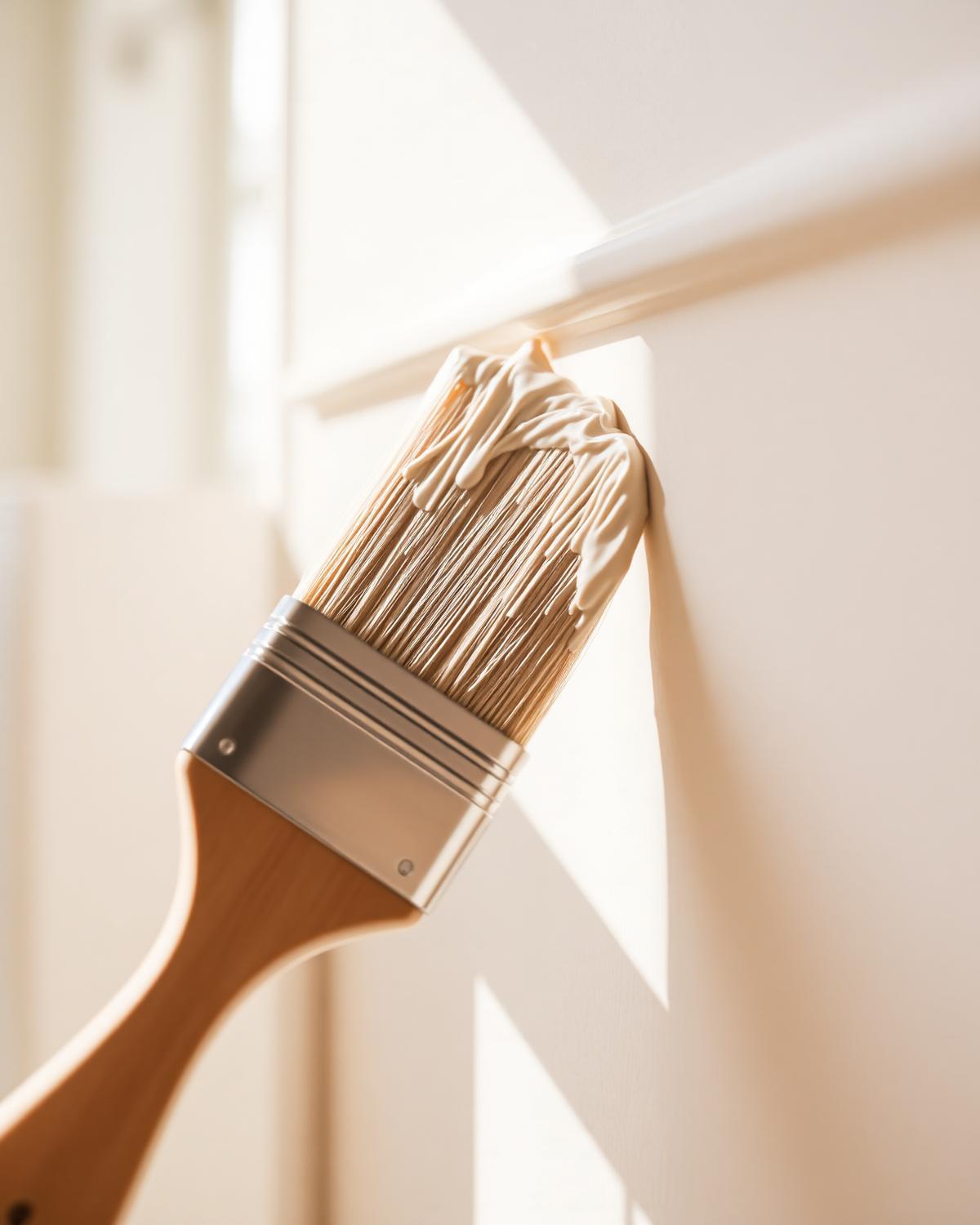 Brush applying creamy white paint to wall trim